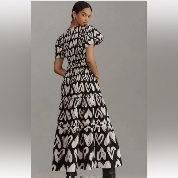 Anthropologie The Somerset Maxi Dress Smocked Heart Edition Poplin Black White - Picture 3 of 7